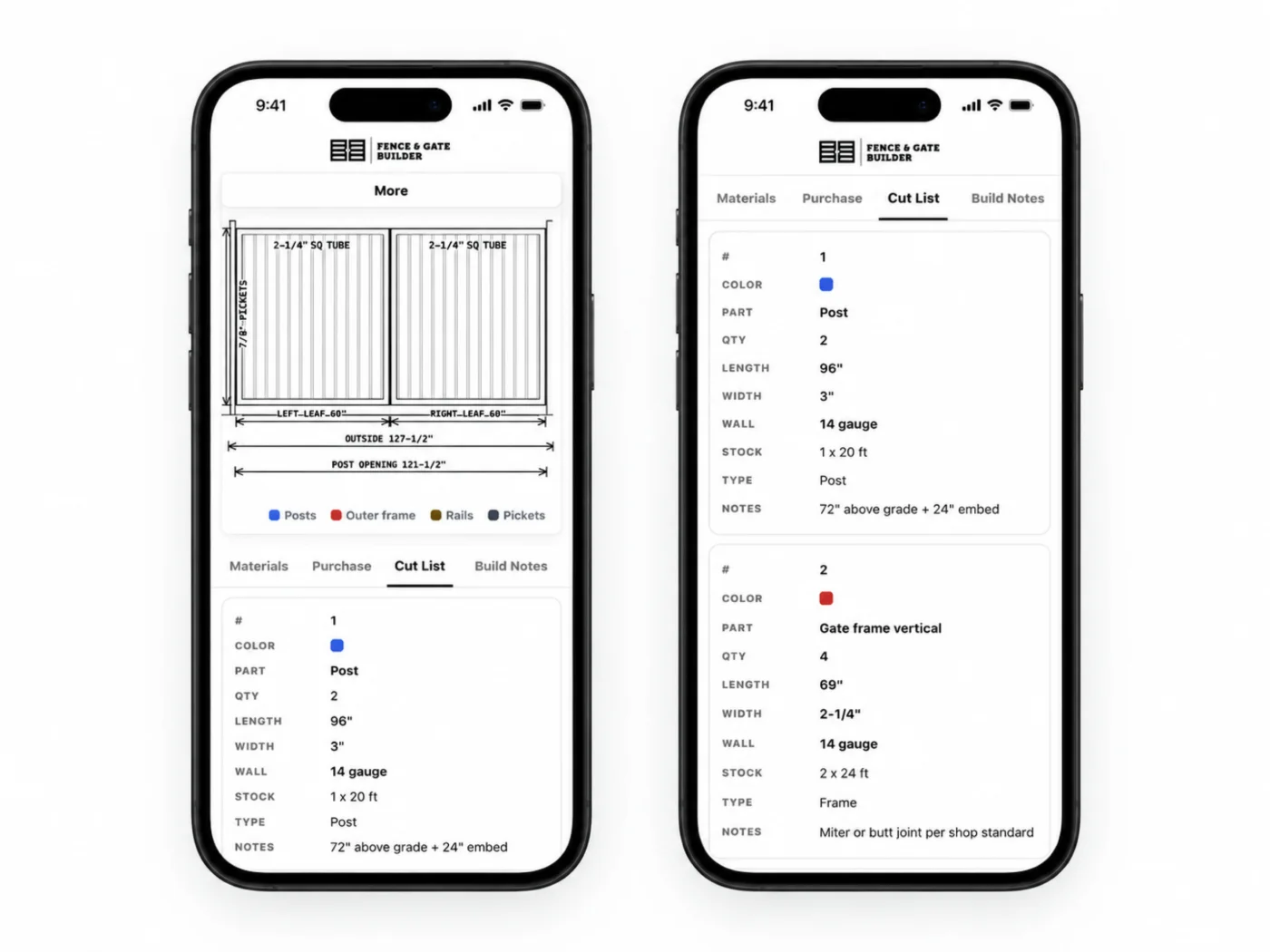 Fence and Gate Builder gate diagram and cut list on two phones