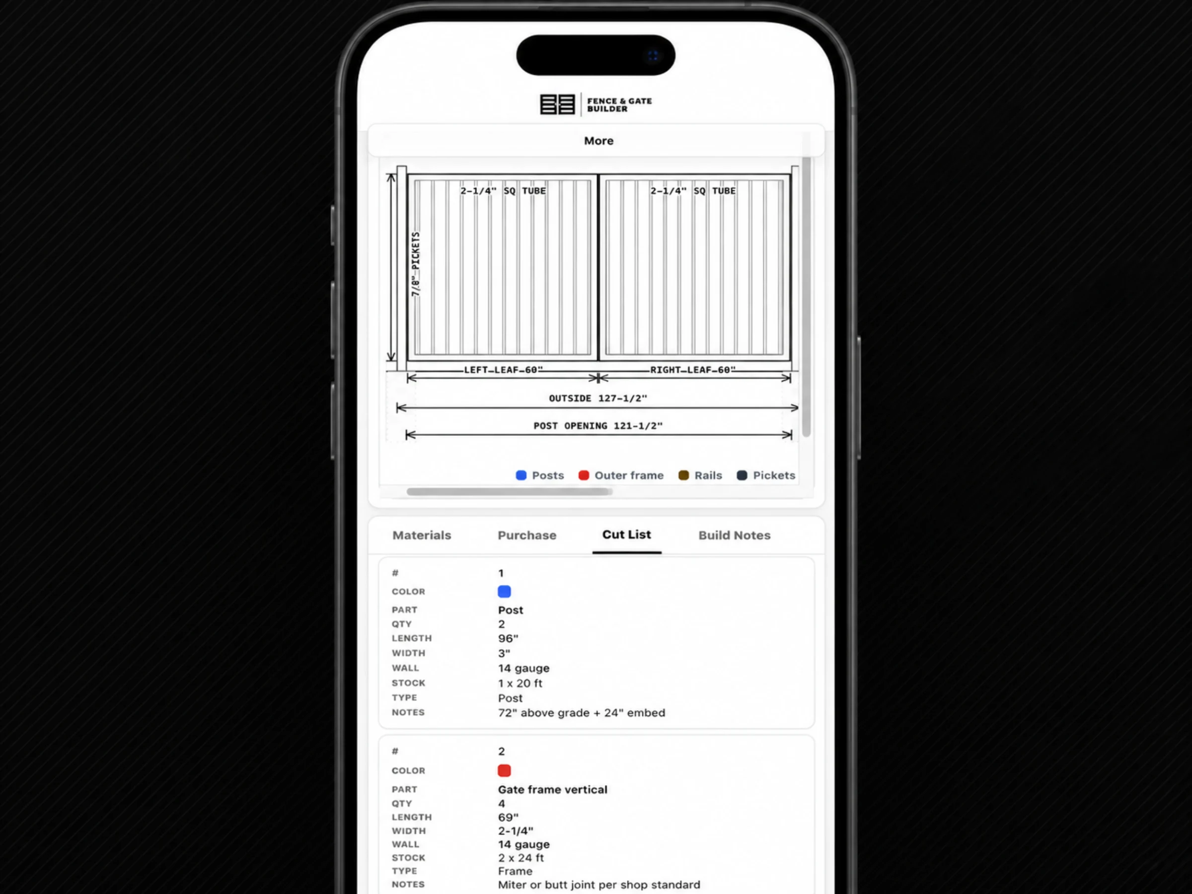 Fence & Gate Builder on a phone at the bench, showing the gate drawing and parts tabs