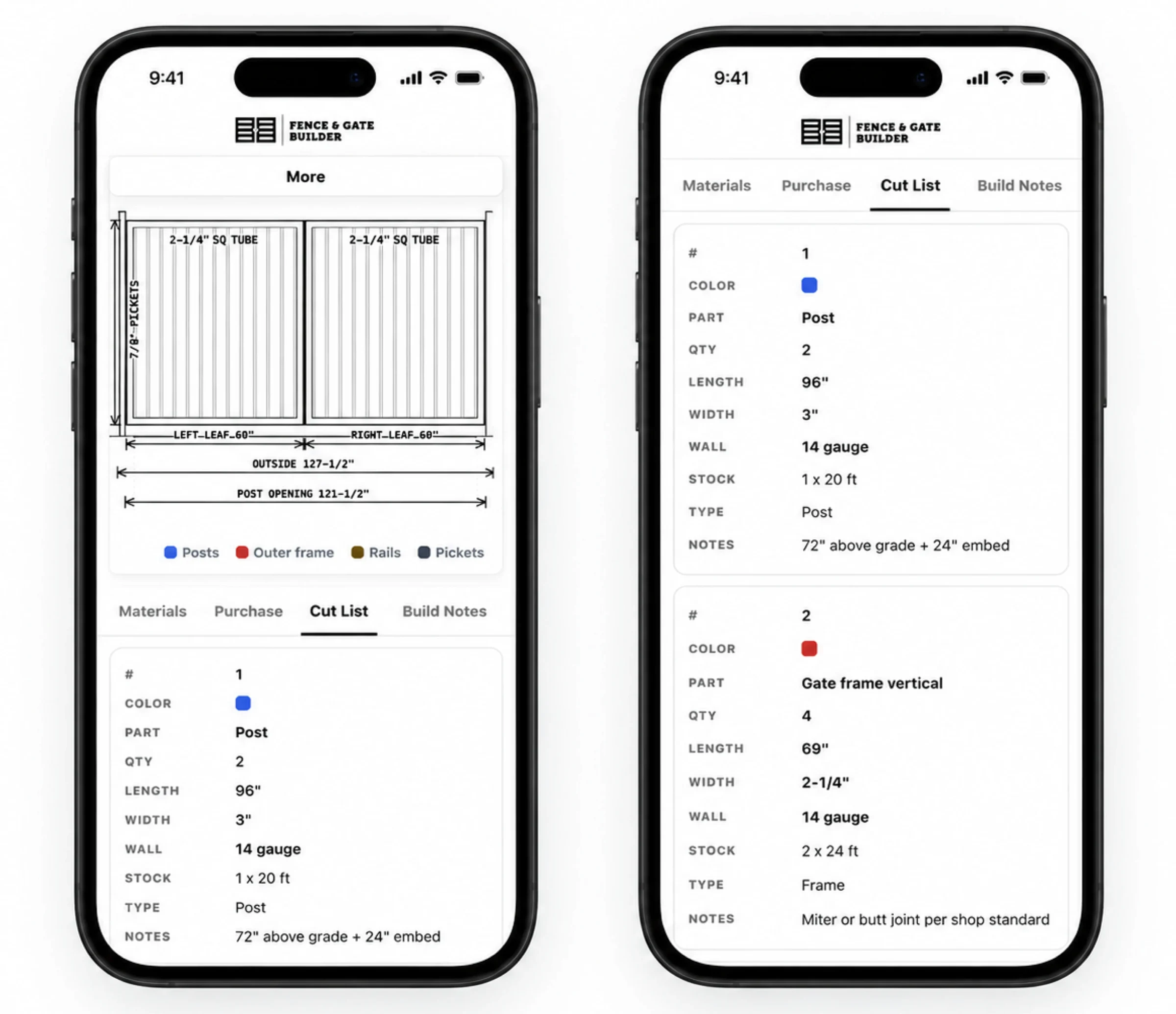 Two phones showing the Fence & Gate Builder cut list: the dimensioned drawing with the parts legend, and numbered, color-coded parts with quantity, length, width, wall gauge, stock, type, and cut notes