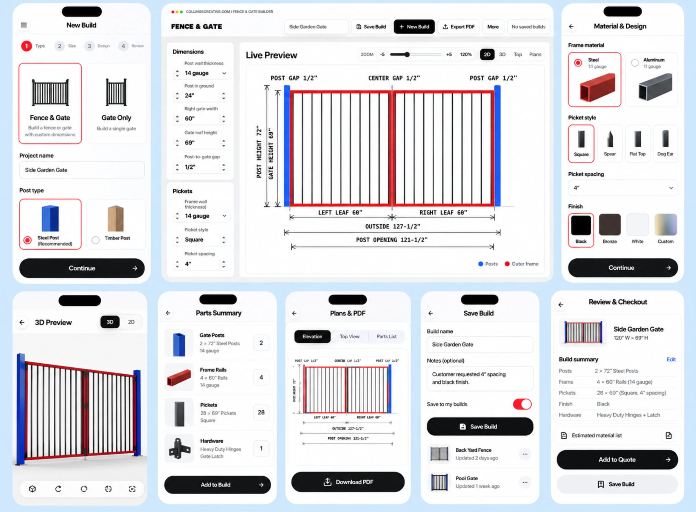 The Fence & Gate Builder system: New Build type selection, the desktop live preview with dimensions and pickets panel, Material & Design with frame material, picket style, spacing and finish, a 3D preview, Parts Summary, Plans & PDF, Save Build, and Review & Checkout with Add to Quote