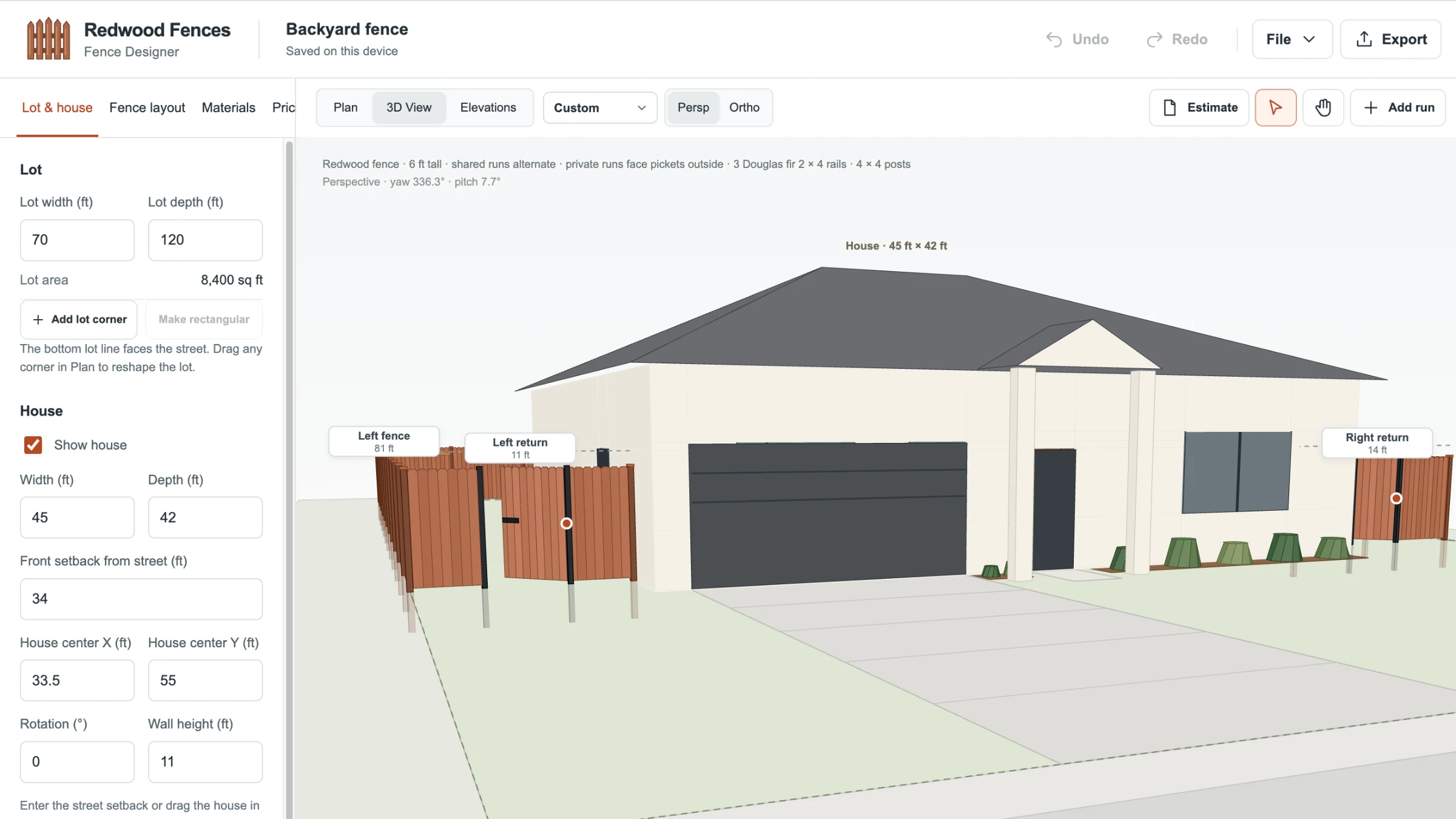 Fence Designer: a 3D view of a redwood fence layout around a house, with lot, house, and fence controls beside a live estimate