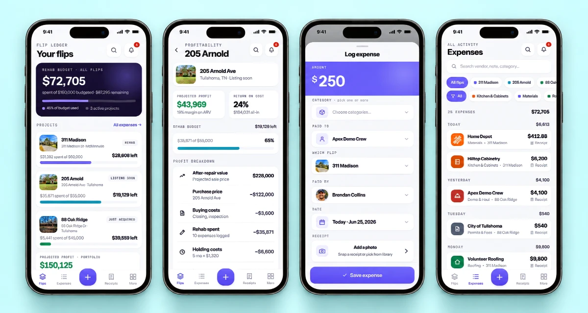 Staker Collins Flip OS mobile app screens
