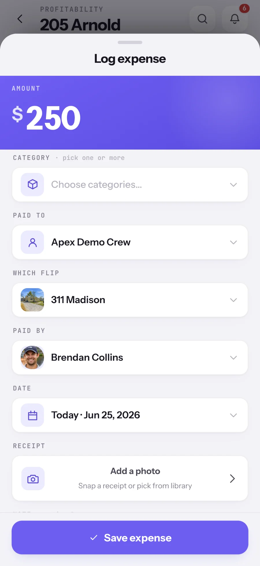 The Log expense sheet on mobile: amount, category, paid to, which flip, paid by, date, and a receipt photo