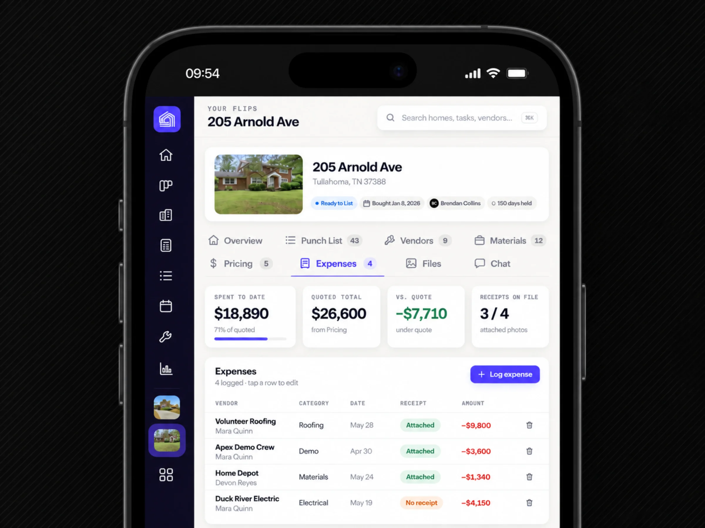 The Flip OS expenses workspace for 205 Arnold Ave: spent to date, quoted total, variance under quote, receipts on file, and a ledger of vendor expenses with attached or missing receipts