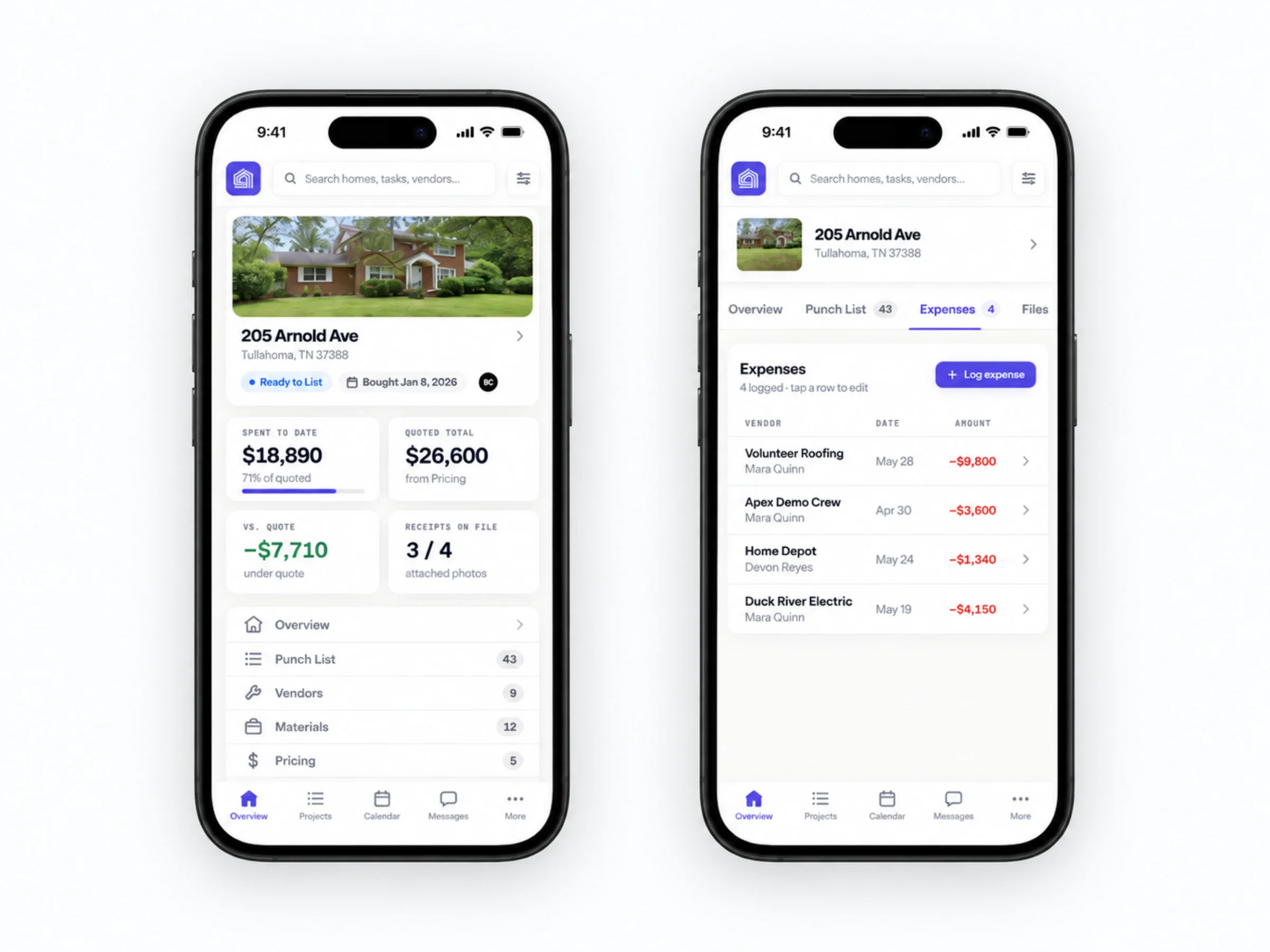 Two phones showing Flip OS: the 205 Arnold Ave overview with spent to date, quoted total, and receipts on file, and the expenses tab with four vendor rows