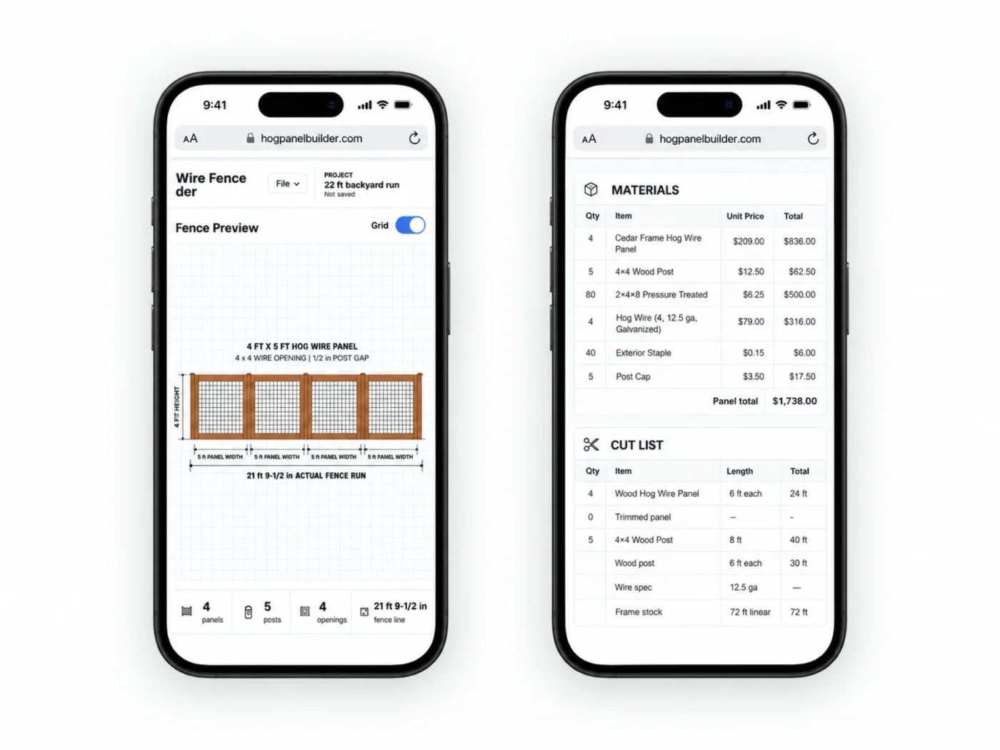 Hog Wire Fence Builder mobile estimator on two phones