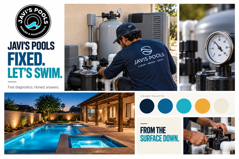 Javi's Pools repair art direction board with equipment imagery, a technician illustration, poolside scenes, and the website color palette.