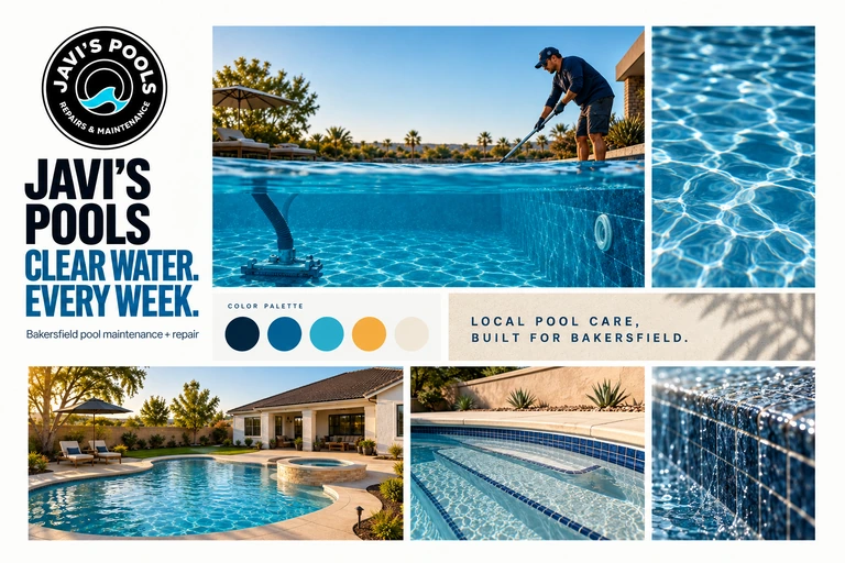 Javi's Pools waterline art direction board with pool imagery, bold type, the existing logo, and the website color palette.