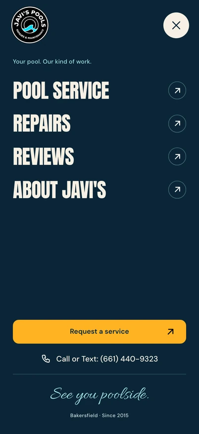 Javi's Pools mobile navigation with clear links to services, repairs, reviews, and contact