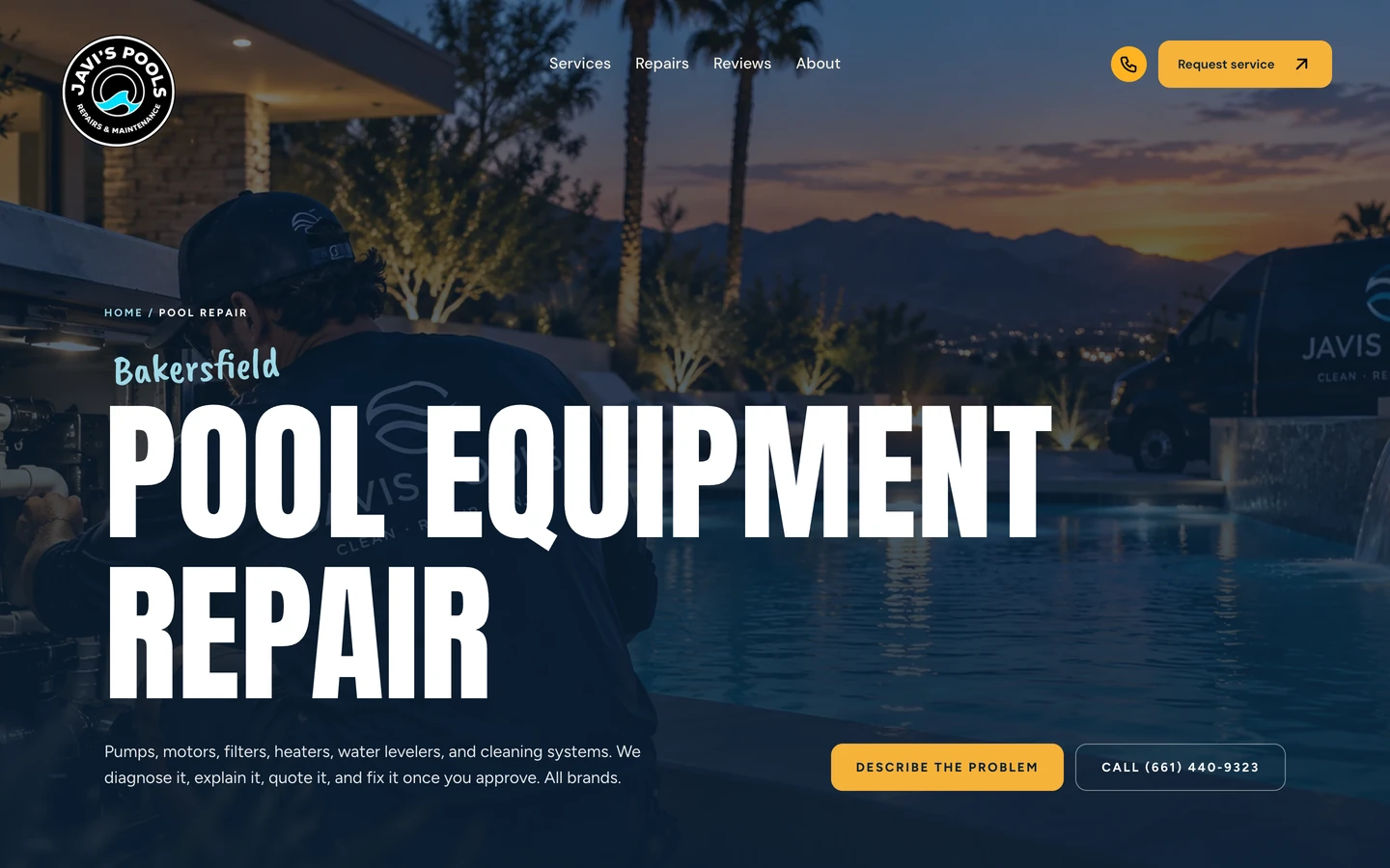 The pool equipment repair page pairs plain-language service copy with poolside repair artwork