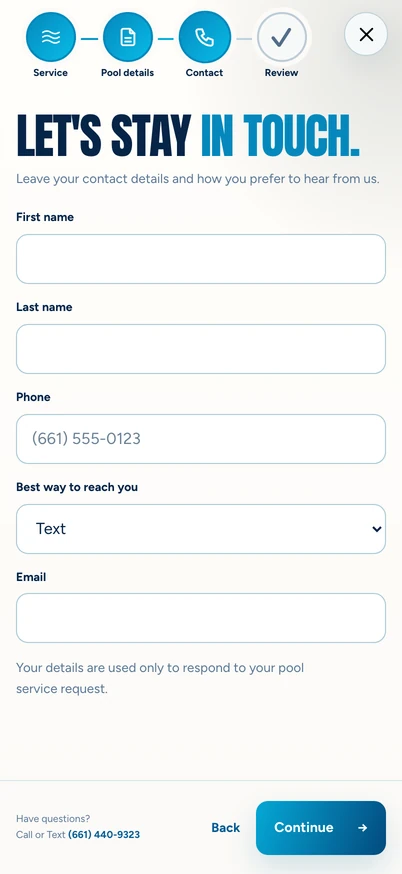 The contact step of Javi's Pools mobile service request form
