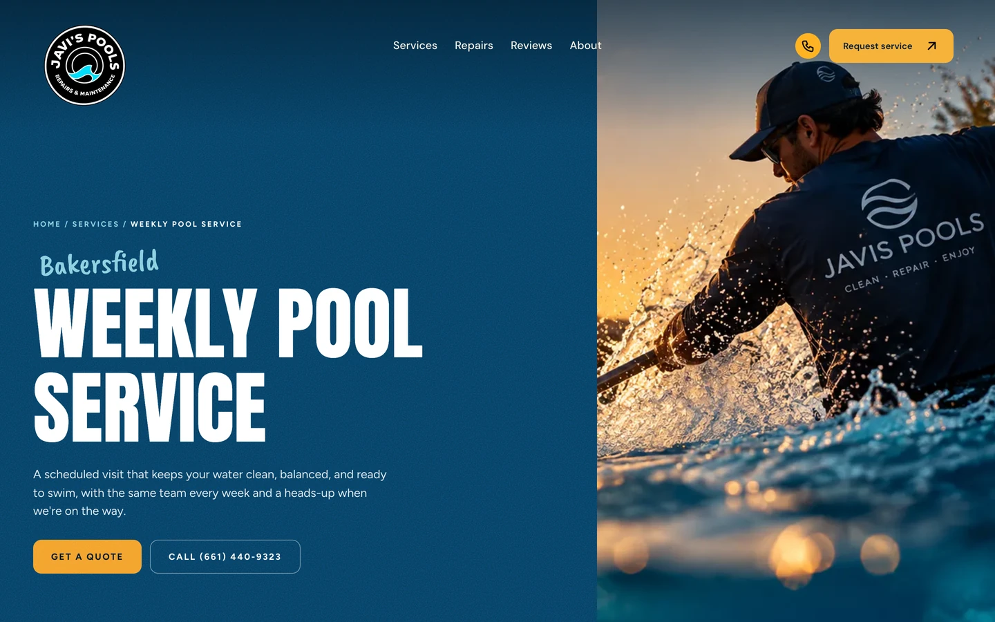 The weekly pool service page explains scheduled visits beside sunset service artwork