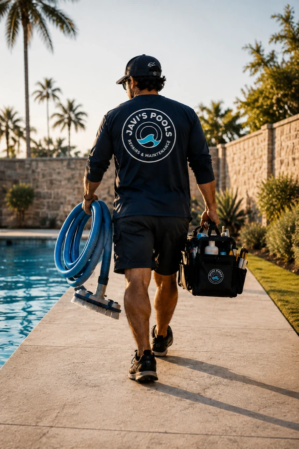 Website artwork of a pool technician carrying tools beside a backyard pool