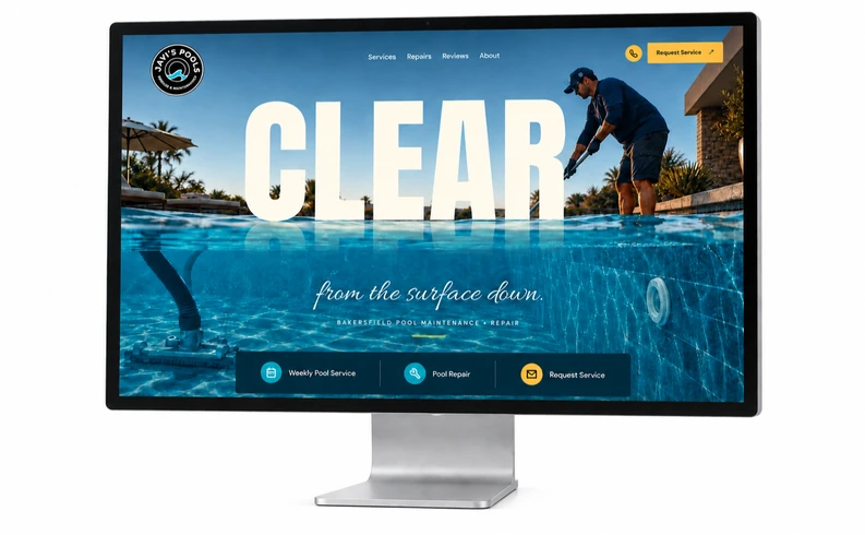 Javi's Pools website displayed on a Studio Display, showing the CLEAR waterline homepage.