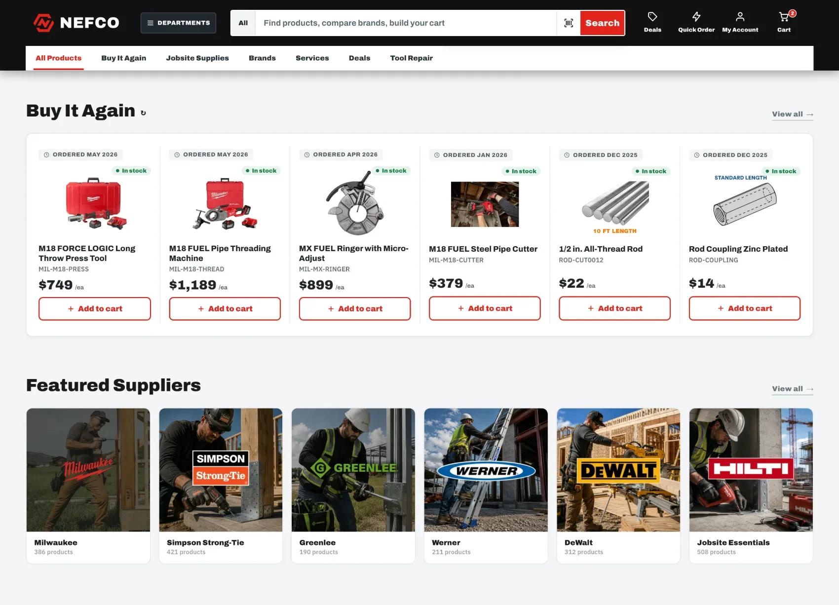 The Buy It Again page: past orders as structured cards with order date, in-stock badge, price, and add-to-cart, above featured suppliers