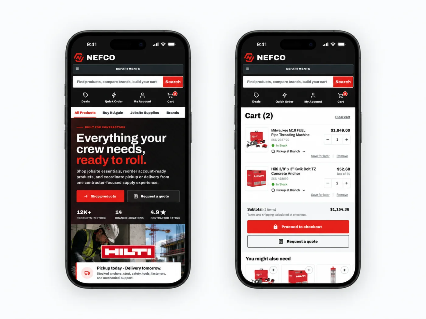 NEFCO mobile ordering: storefront and cart on two phones