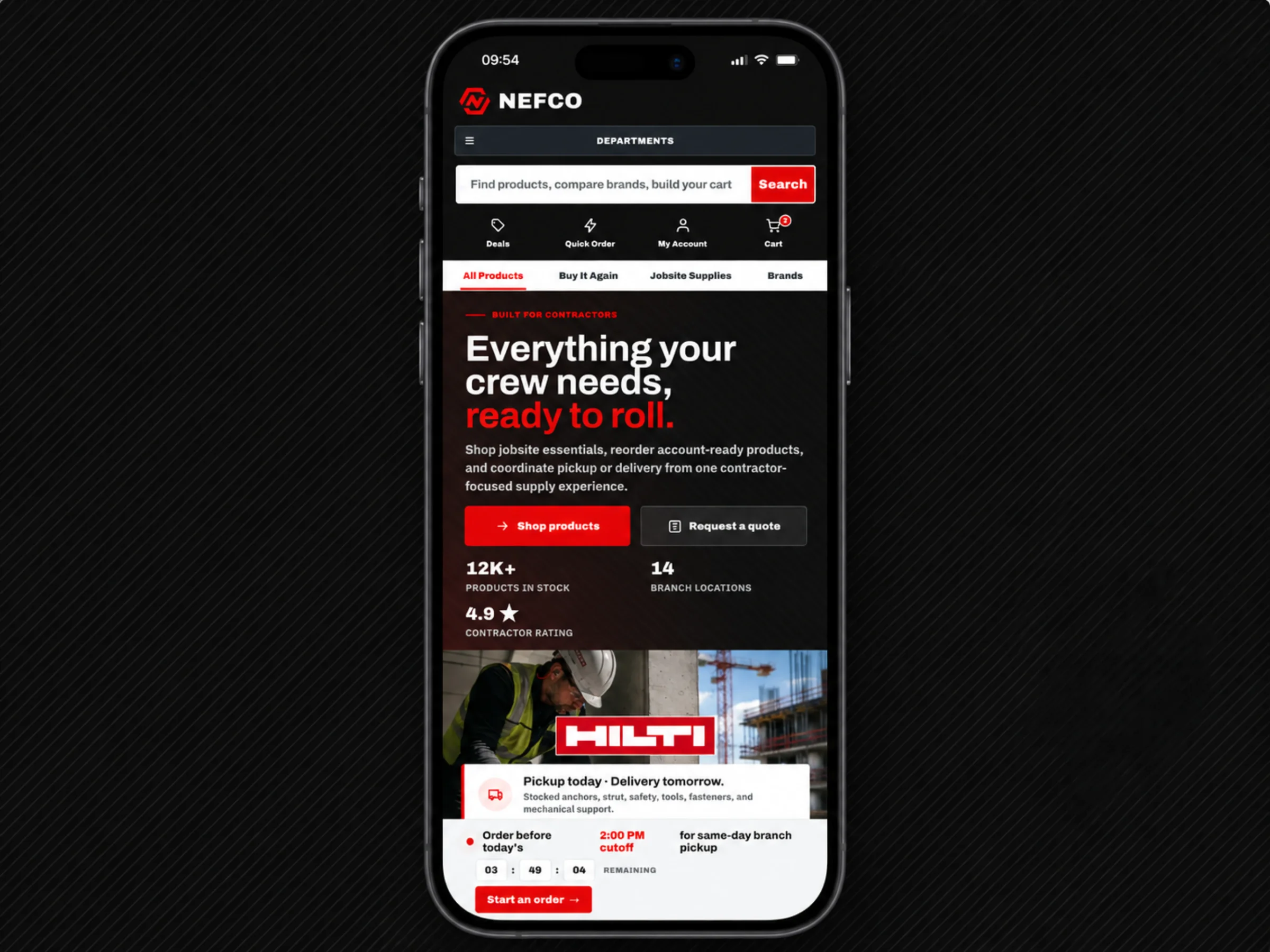 The NEFCO mobile homepage on a phone, with the Order before 2:00 PM cutoff countdown and Start an order button