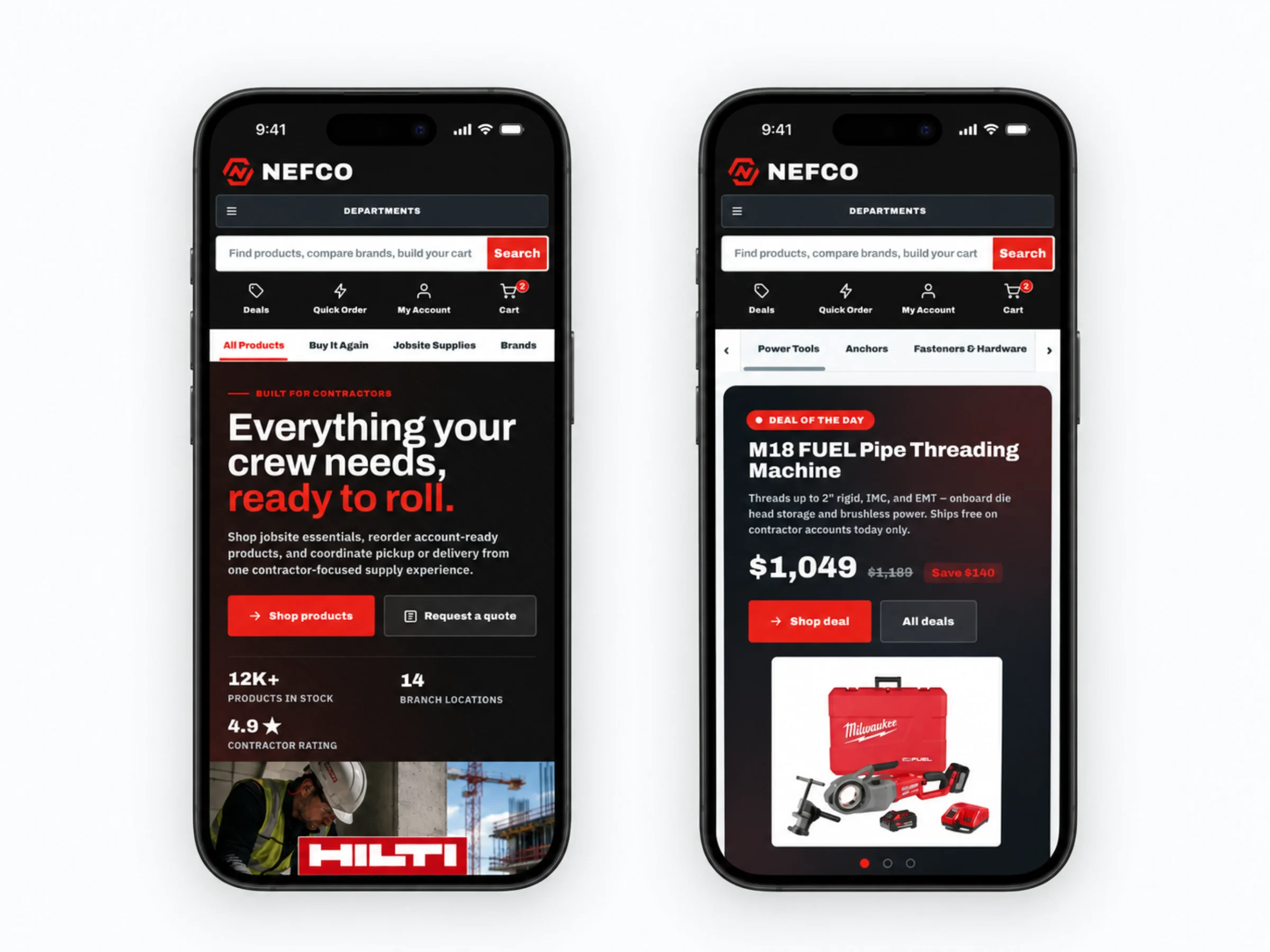 Two phones showing the NEFCO mobile homepage, Everything your crew needs, ready to roll, and a deal of the day for an M18 FUEL pipe threading machine