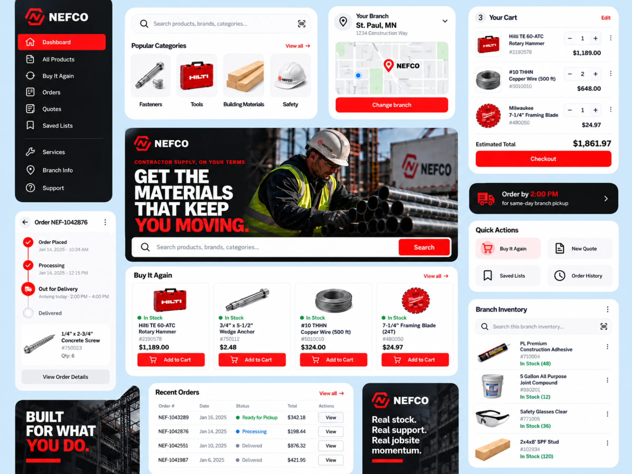 The NEFCO component system we designed: account sidebar, search with popular categories, branch card with map, cart, order tracking, Buy It Again cards, quick actions, recent orders, and branch inventory