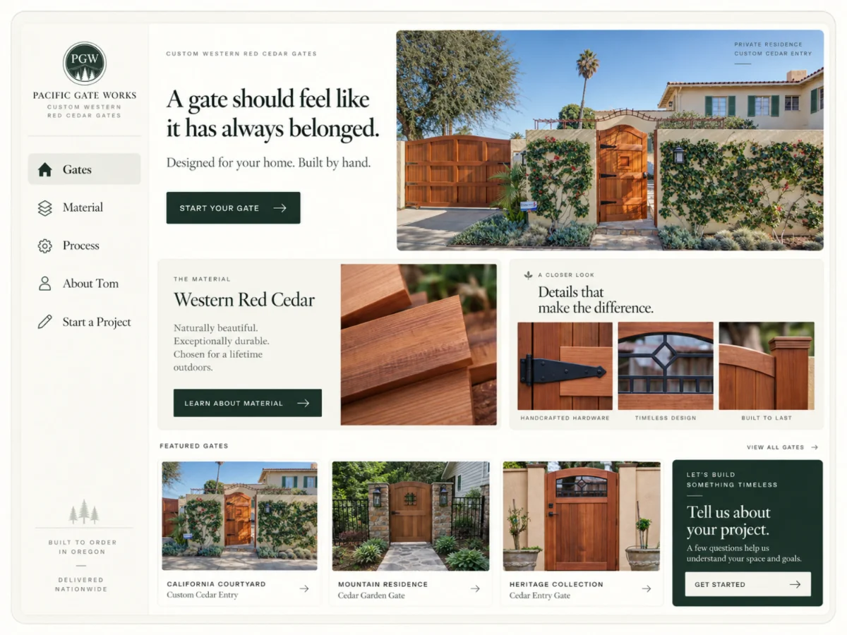Our app-style layout exploration for Pacific Gate Works: a fixed sidebar for Gates, Material, Process, About Tom, and Start a Project, beside the homepage content