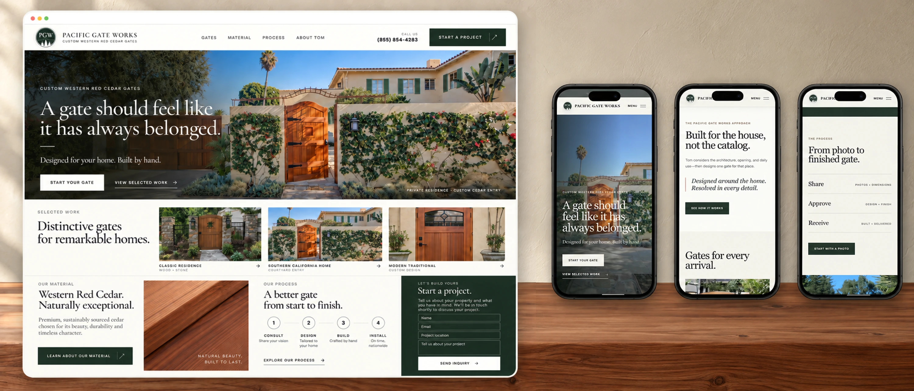 Pacific Gate Works website on a studio display and three phones