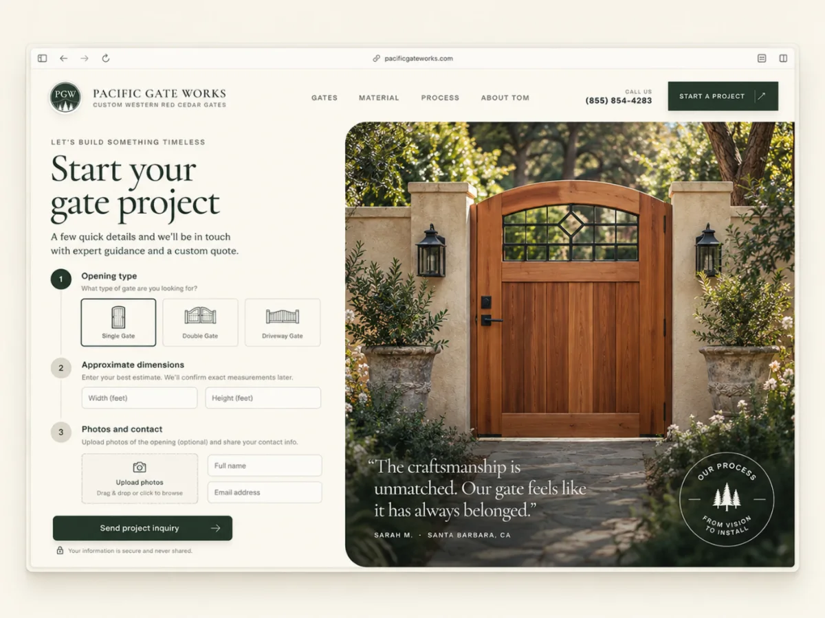 The project inquiry page we designed: opening type, approximate dimensions, photo upload, and contact details beside a finished gate and a client quote
