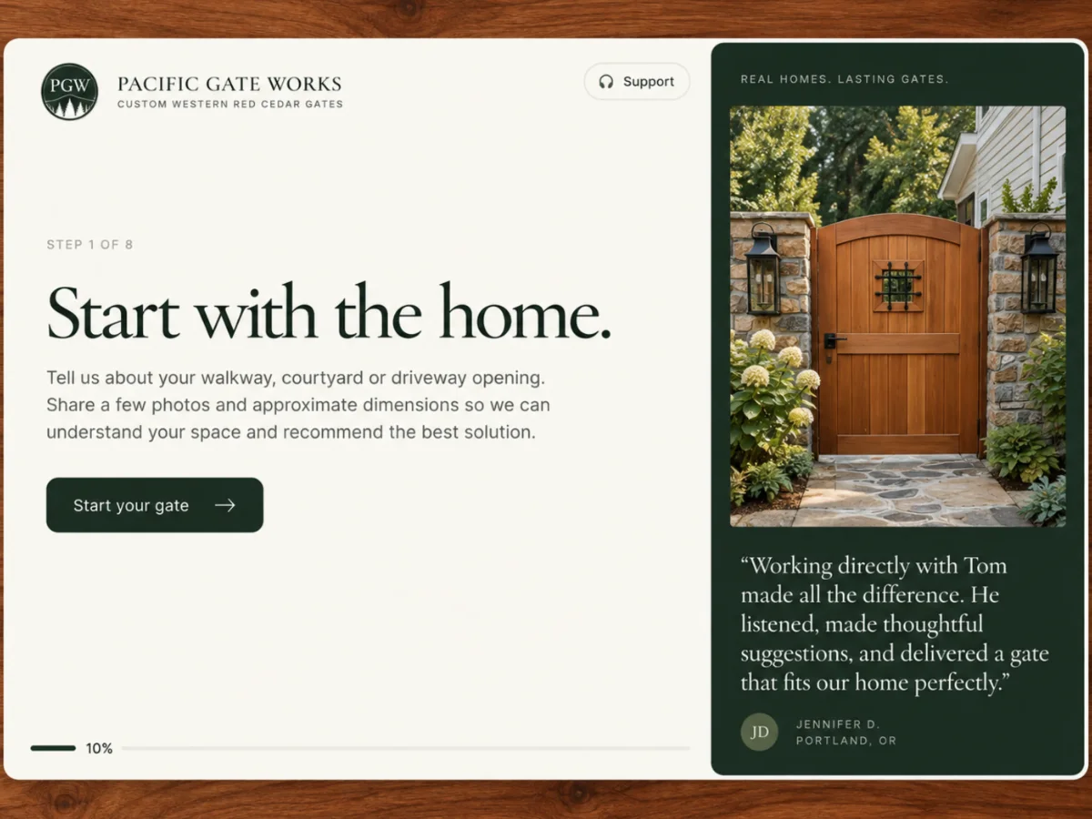 Step one of eight in the inquiry we built: describe the walkway, courtyard, or driveway opening, with a progress bar at ten percent and a client quote beside it