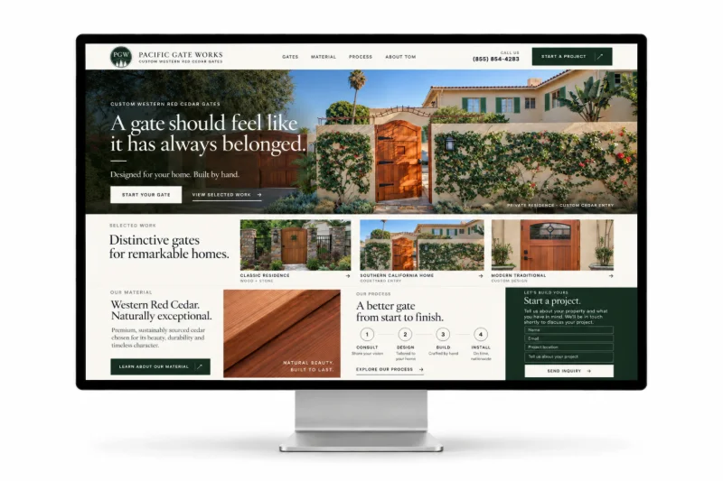 Pacific Gate Works website on a desktop display