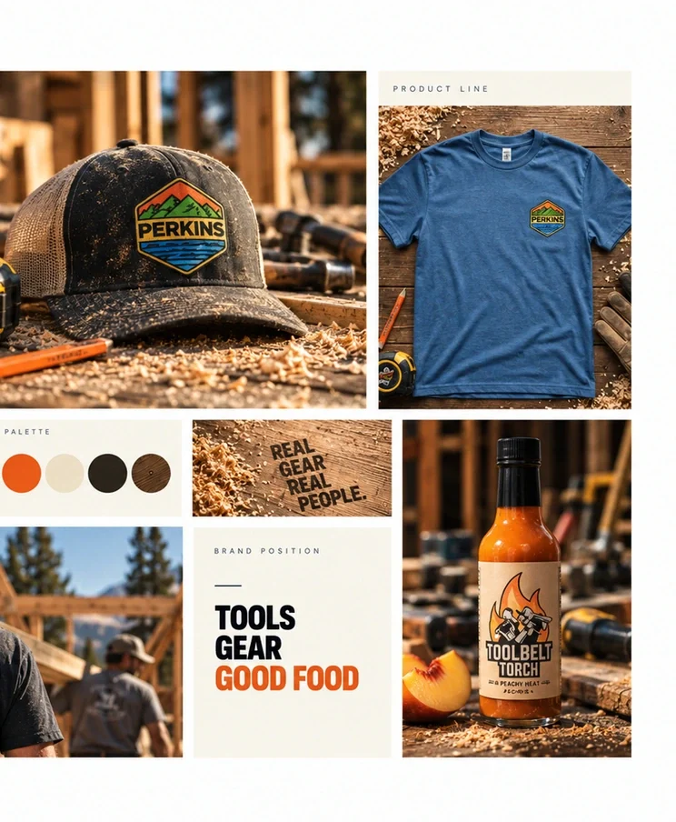 Our Perkins brand board: the trucker hat and logo tee on sawdust, a four-color palette, Real Gear Real People, and the Toolbelt Torch hot sauce