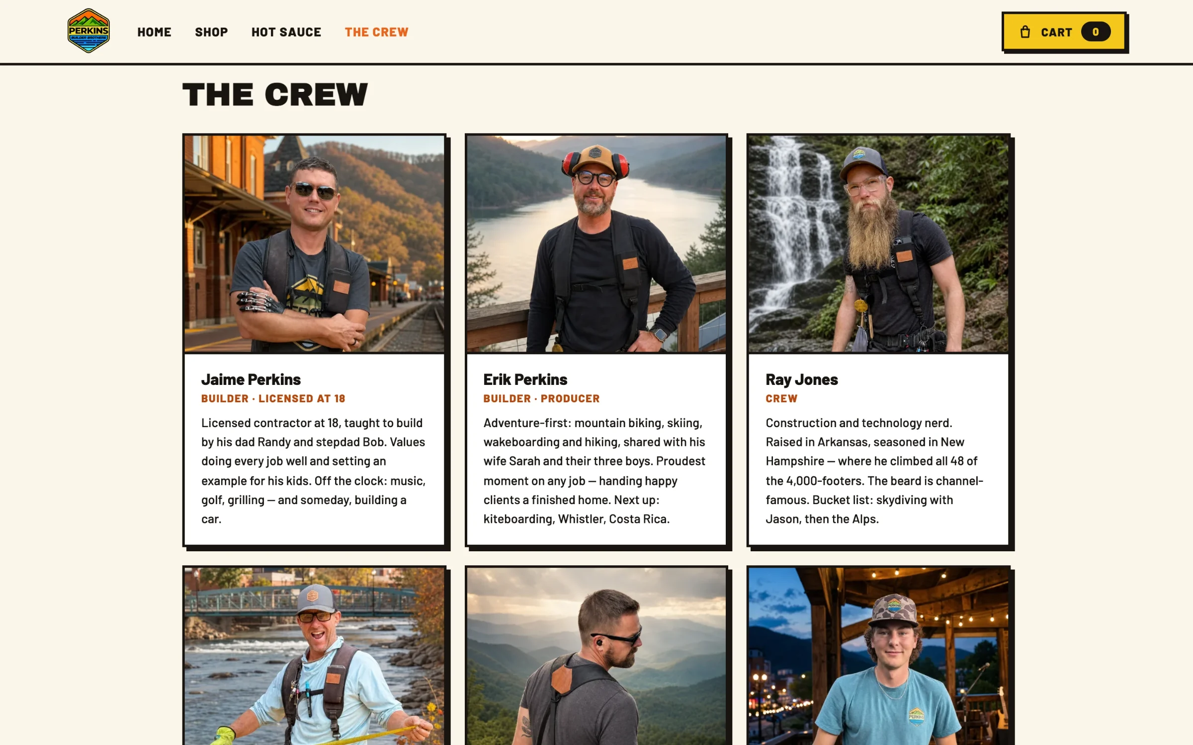 The Crew page we designed: portrait cards for Jaime Perkins, Erik Perkins, Ray Jones, and other crew members with short bios