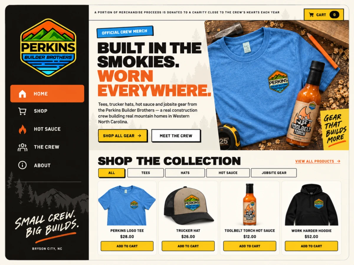 Perkins Builder Brothers merchandise storefront