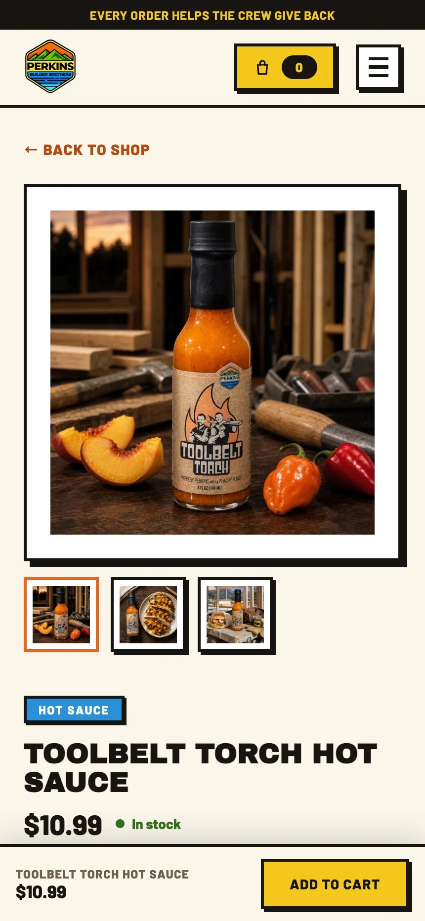 The Toolbelt Torch hot sauce product page on mobile: workshop photography, thumbnails, price, stock, and a sticky add-to-cart bar