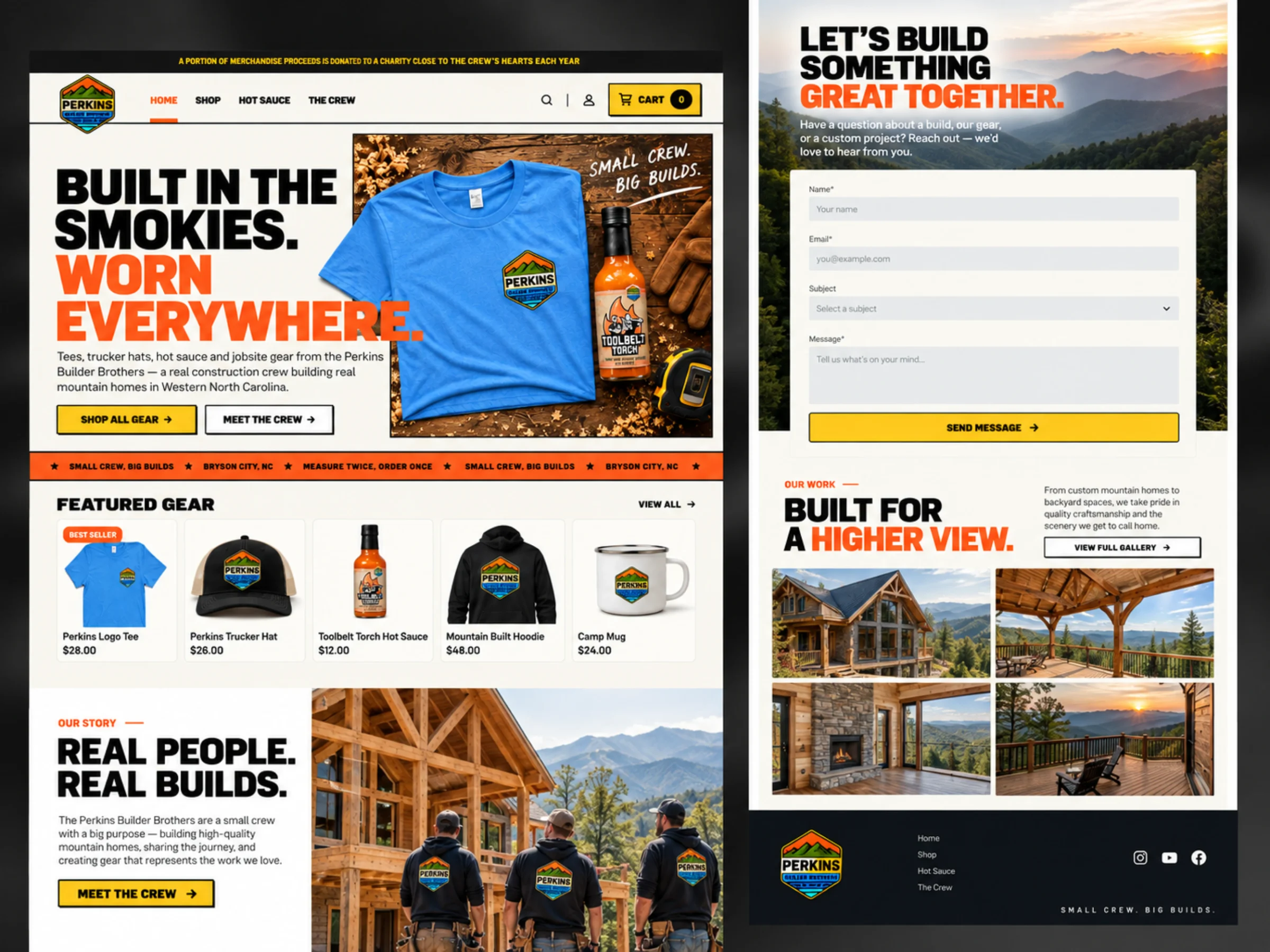 Two pages from the Perkins storefront: the homepage with featured gear and the crew story, and the contact page with the Built for a Higher View project gallery