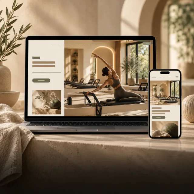 A studio website shown on a laptop and phone in a sunlit reformer studio