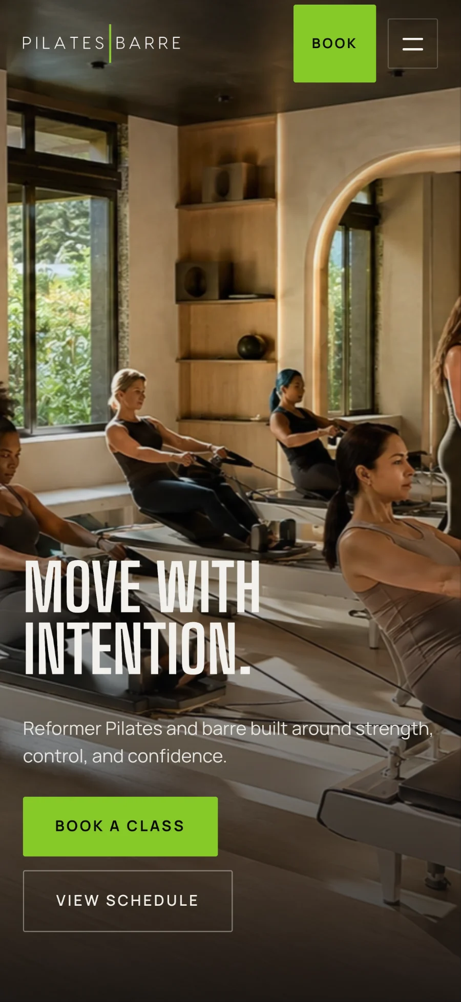 The Pilates Barre mobile homepage: Move with intention over the reformer room, Book a class and View schedule