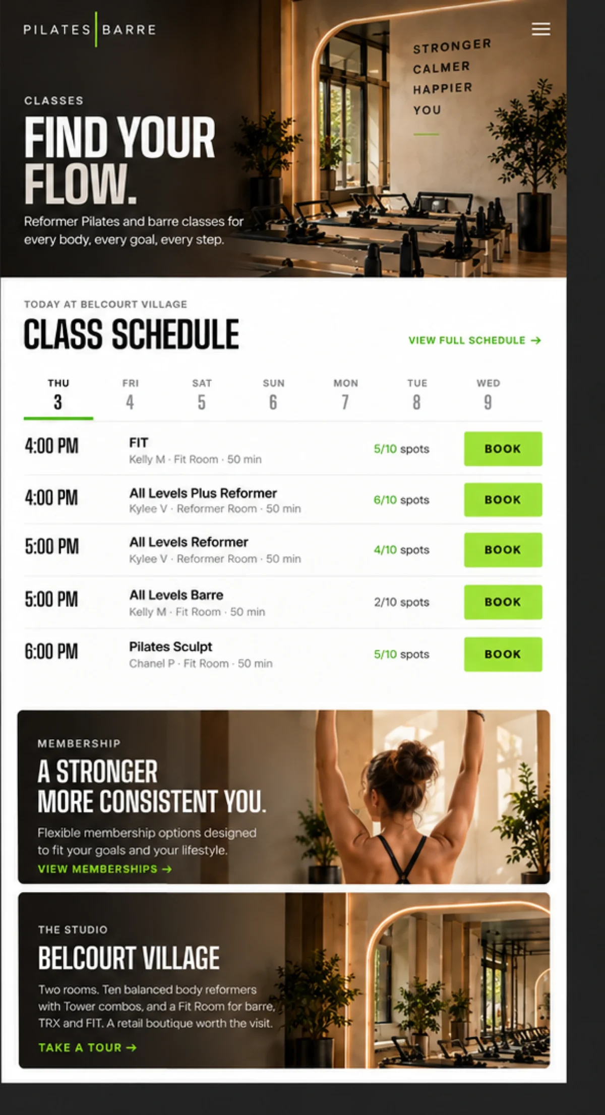 The Pilates Barre classes page on mobile: Find your flow, today’s class schedule with day tabs, class names, instructors, rooms, spots left, and Book buttons, then membership and the studio