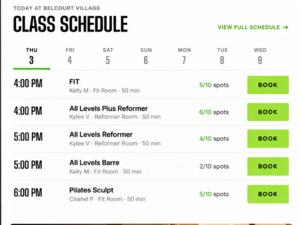 The class schedule on mobile with day tabs, spots left, and Book buttons