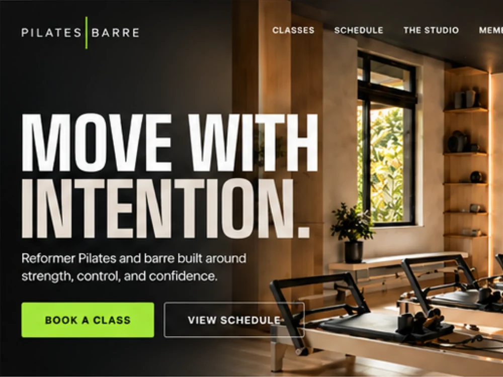 The Pilates Barre homepage hero: Move with intention over the reformer studio