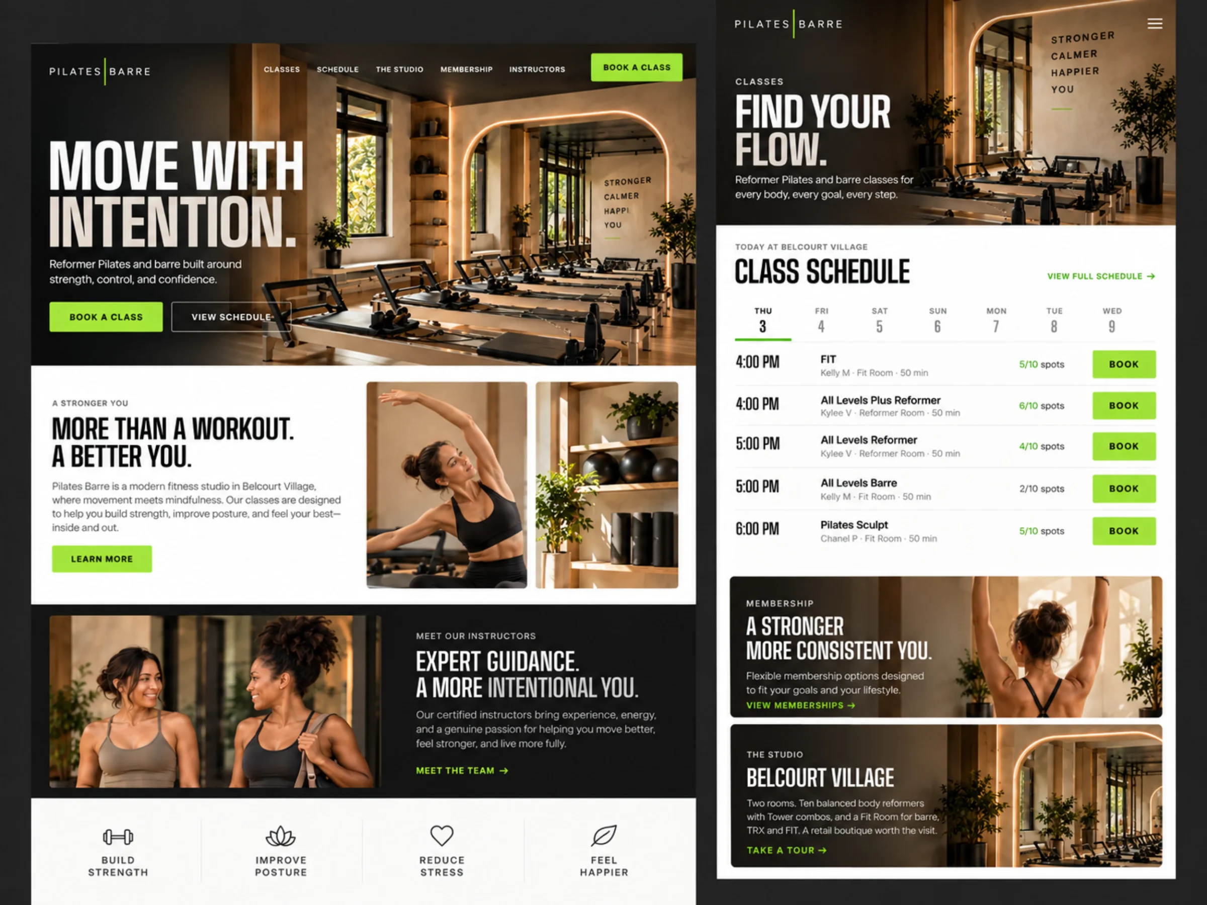 The Pilates Barre homepage on desktop beside the classes page and class schedule on mobile: Move with intention, More than a workout, Expert guidance, Find your flow, today’s schedule with spots and Book buttons, membership, and the studio