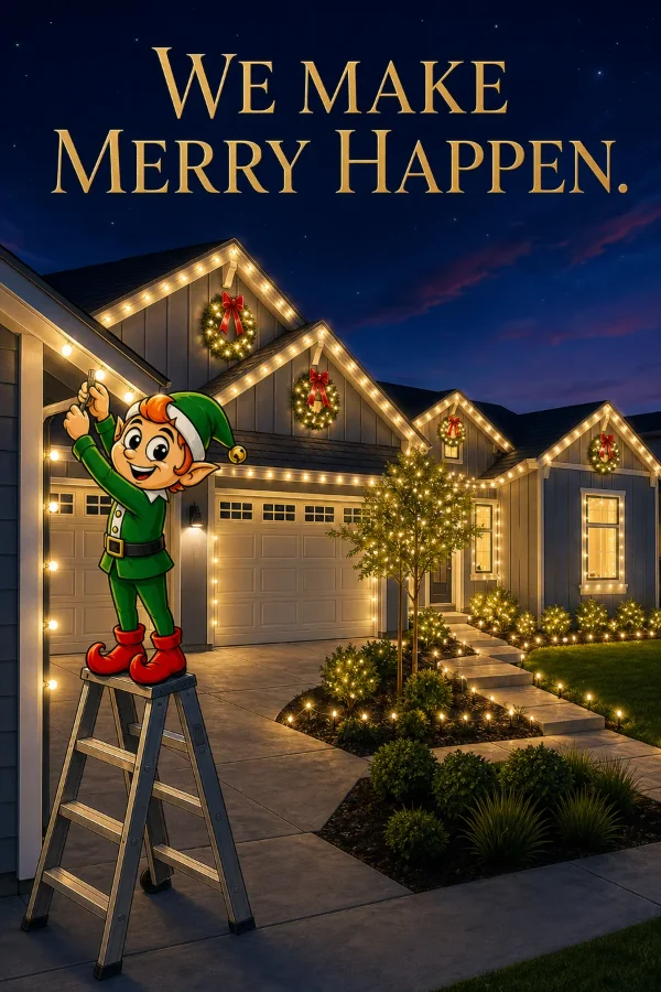 We Make Merry Happen. The campaign elf on a ladder finishing a warm-white roofline.