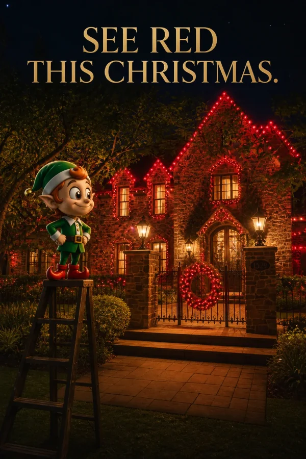 See Red This Christmas. A home lit entirely in red.