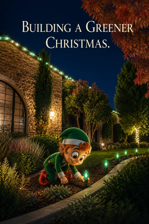 Building a Greener Christmas. The elf planting green lights along a garden bed.