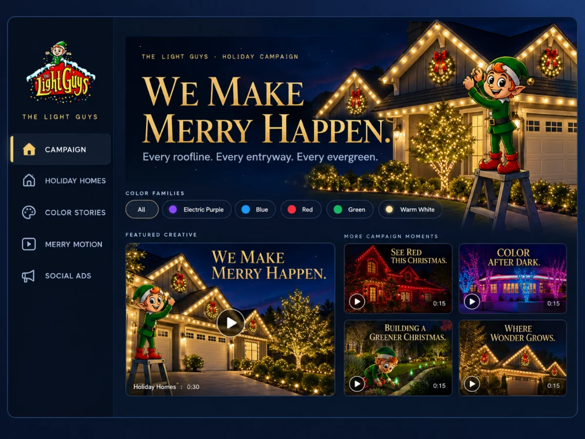 Campaign console layout: sidebar navigation, color family filters, featured creative and more campaign moments