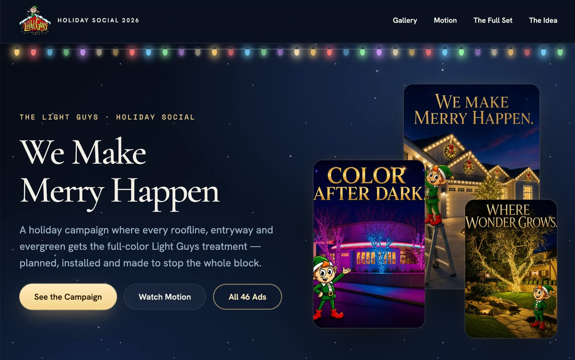 The Light Guys holiday campaign website homepage: We Make Merry Happen, with three campaign posters and a string of colored lights