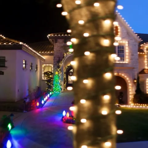 The elf adding the last bulb to a roofline