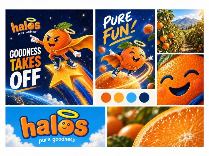 Goodness Takes Off direction board with campaign art, logo, colors and orange photography