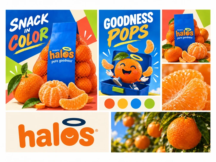 Snack in Color direction board with campaign art, logo, colors and orange photography