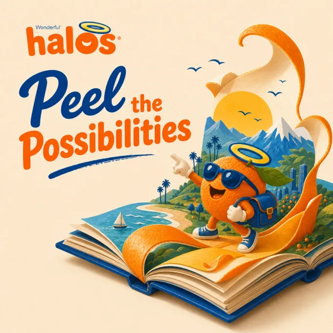 Peel the Possibilities. A Halos character rides through a California landscape unfolding from a book.