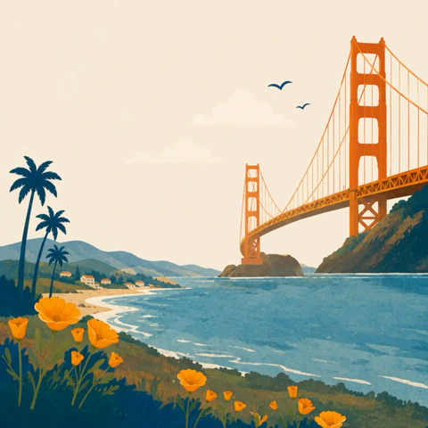 The orange rides a wave beside the Golden Gate Bridge.