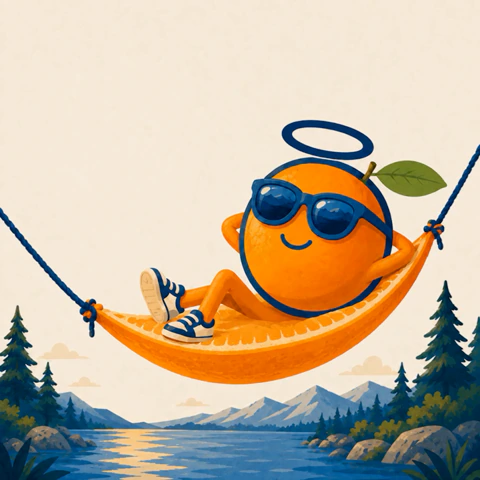 A peel hammock hangs over a sunlit mountain lake.
